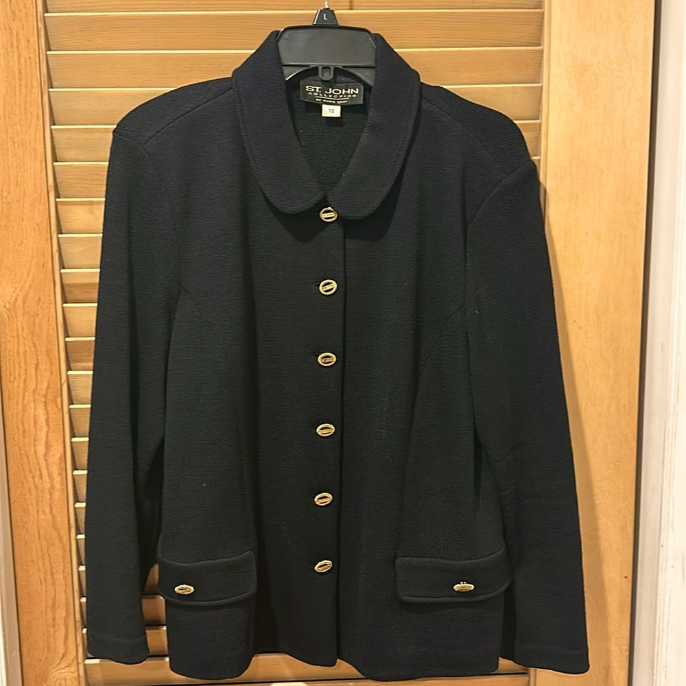 St. John Collection Black Classic Jacket Gold Signature Buttons Size 12